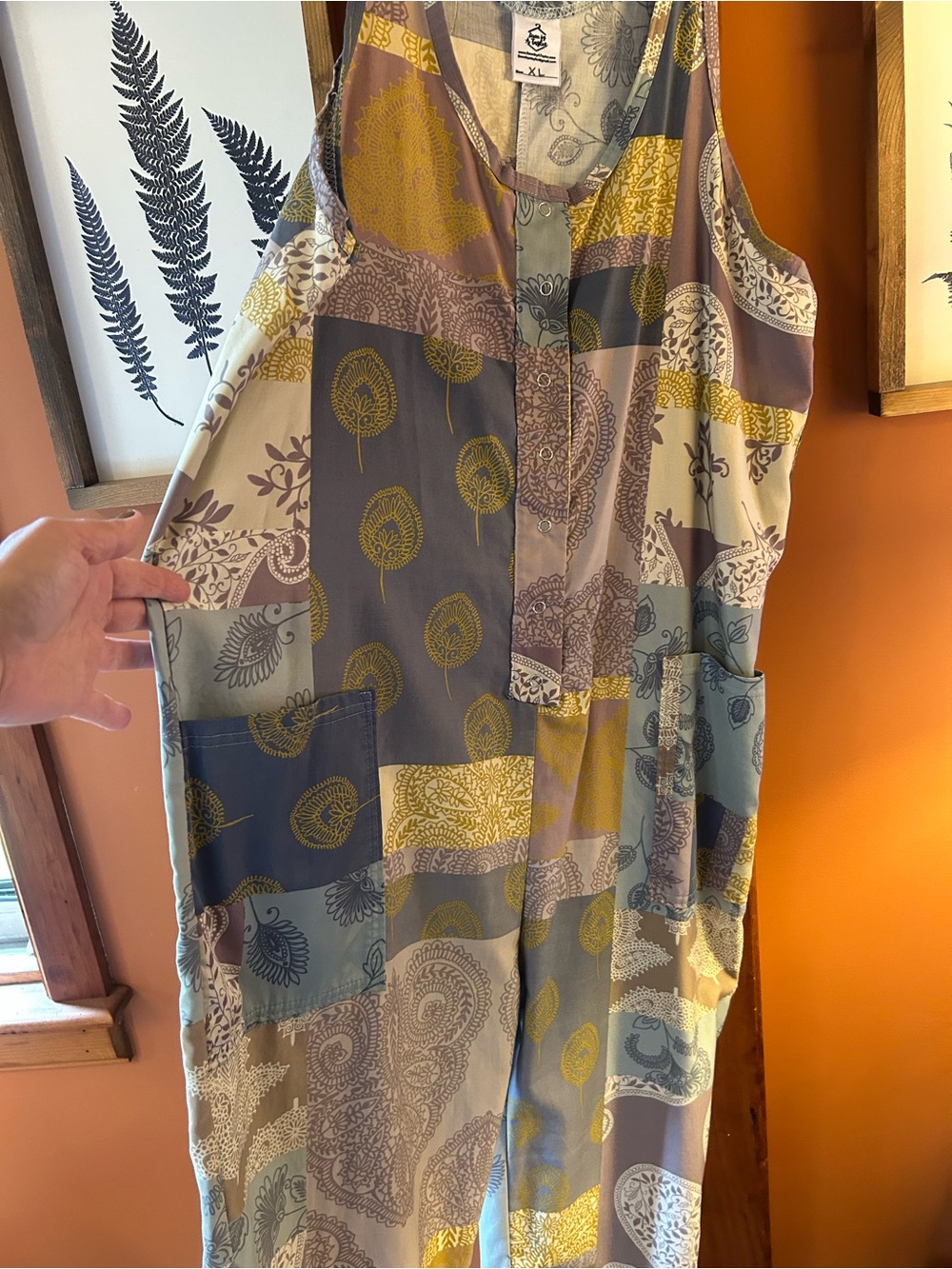 Sleeveless Patchwork Jumpsuit in Gray, Blue & Mustard